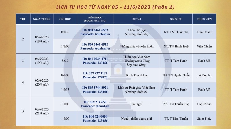 Lịch Thuyết giảng online của Chư Tôn Đức tại  các Thiền viện thuộc Tông Môn Tuần 05/06-11/06/2023